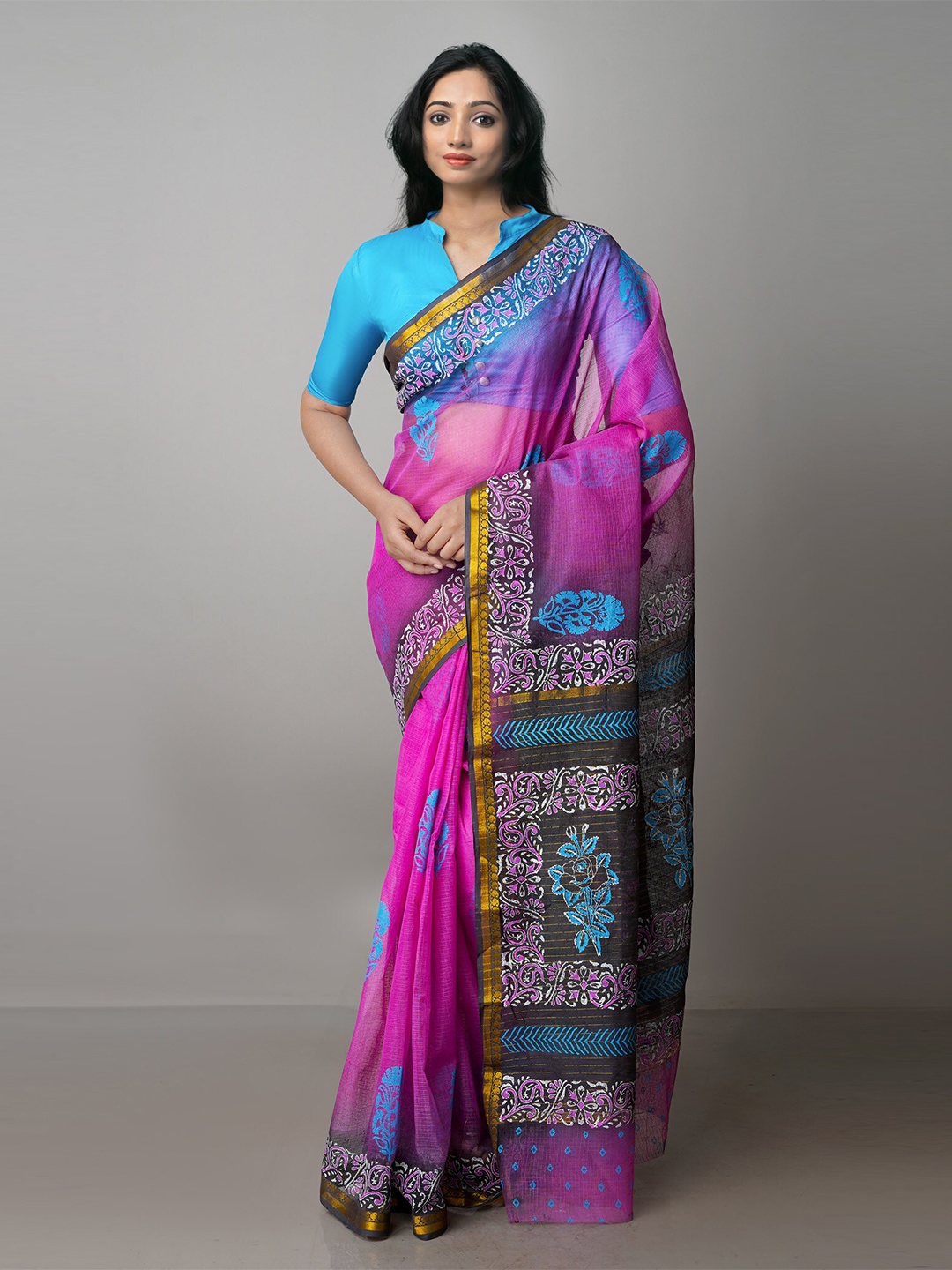 

Unnati Silks Ethnic Motifs Printed Zari Pure Cotton Handloom Kota Saree, Purple