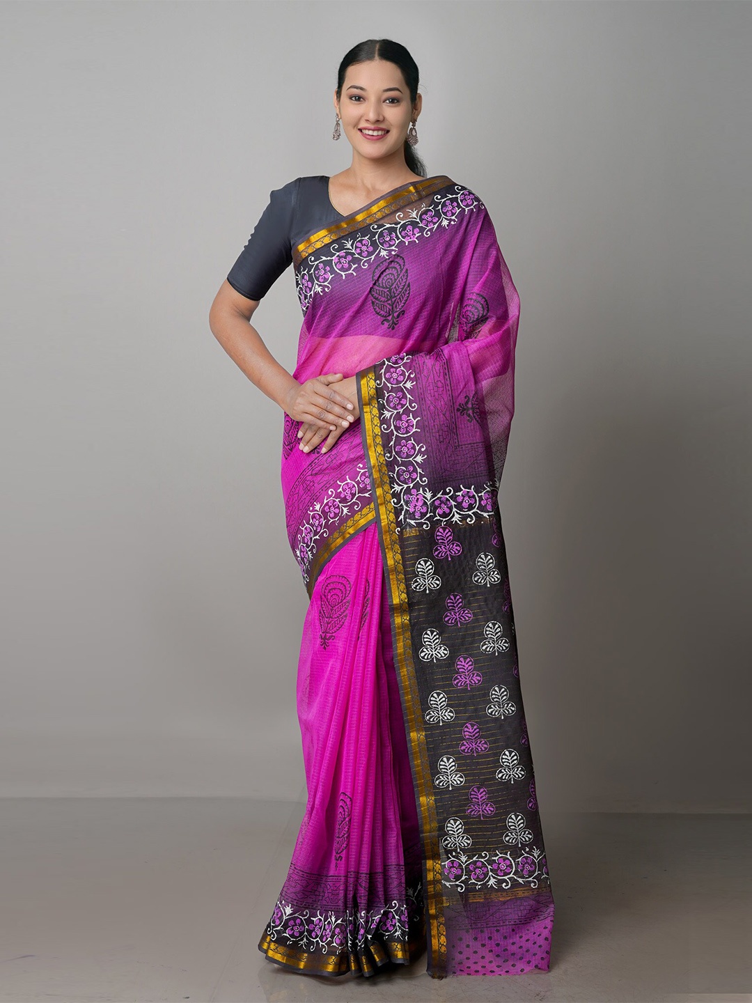 

Unnati Silks Ethnic Printed Motifs Zari Handloom Pure Cotton Kota Saree, Purple