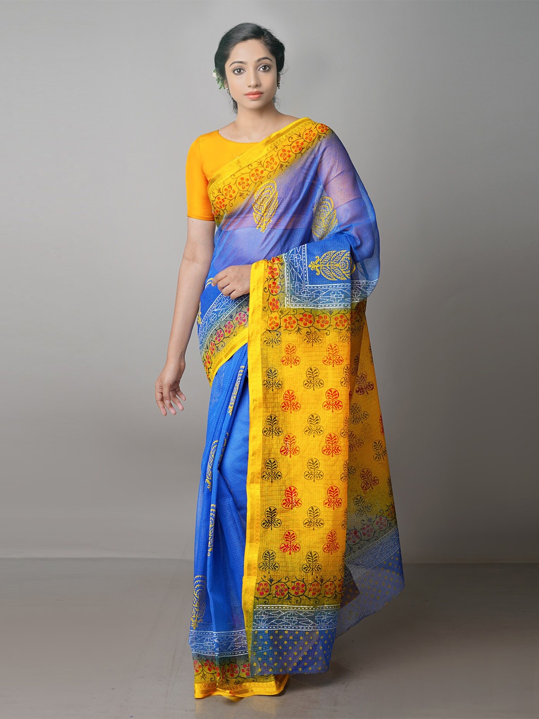 

Unnati Silks Ethnic Motifs Printed Zari Handloom Pure Cotton Kota Saree, Blue