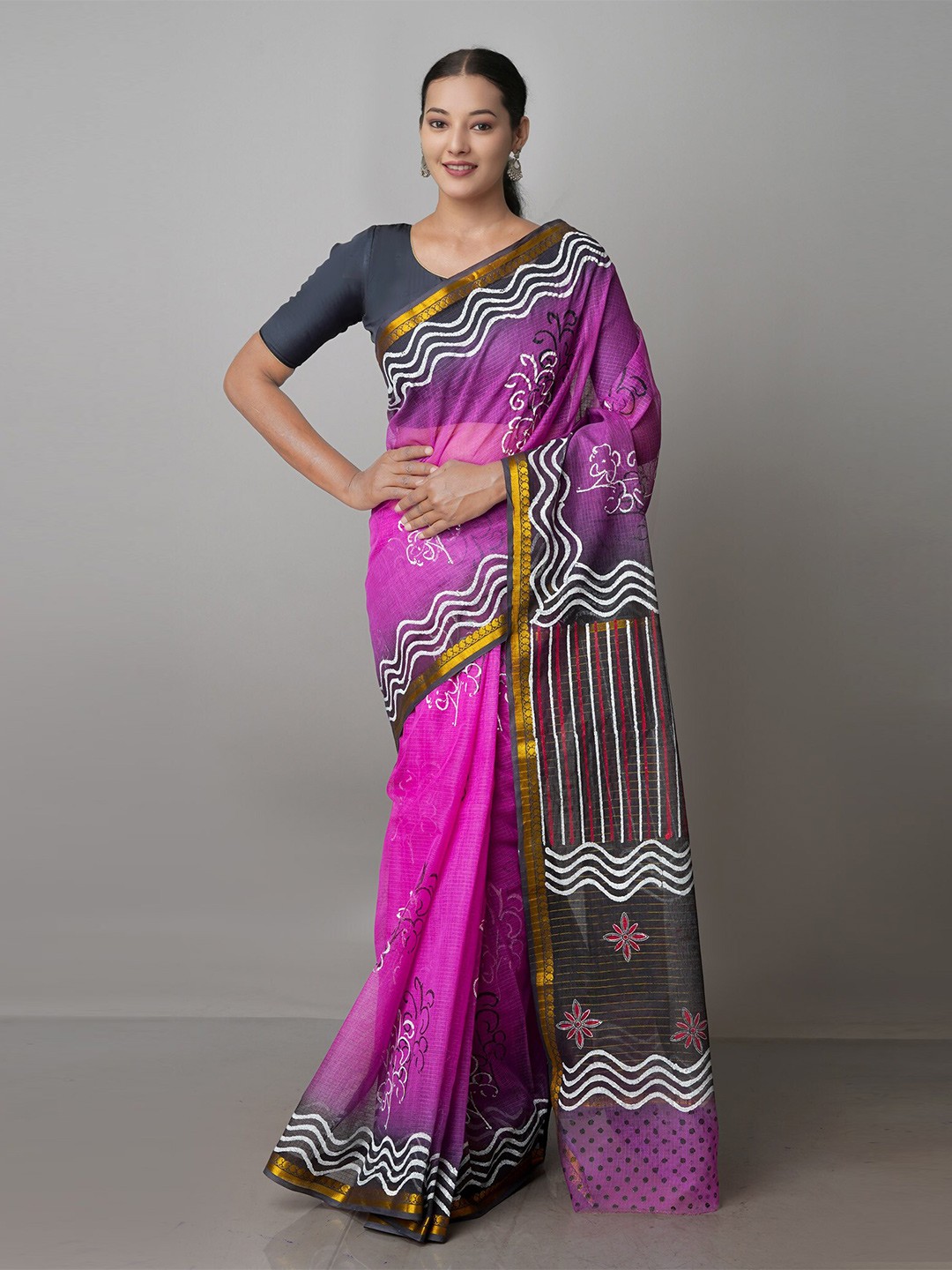 

Unnati Silks Ethnic Motifs Printed Zari Handloom Pure Cotton Kota Saree, Purple