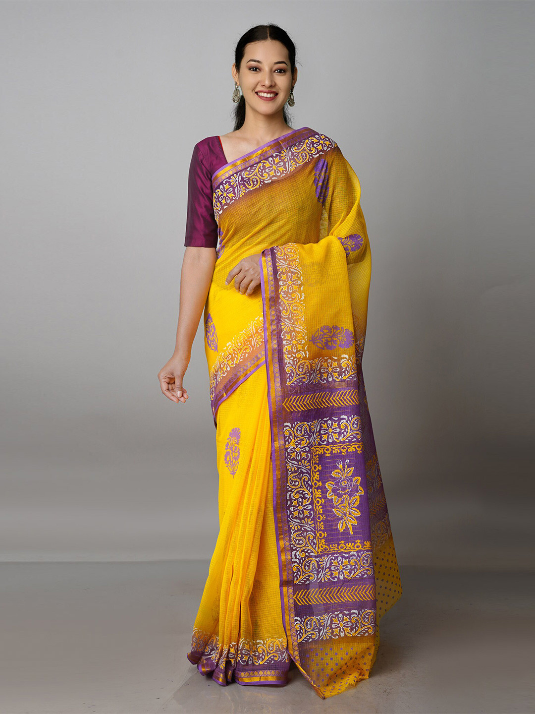 

Unnati Silks Floral Printed Zari Handloom Pure Cotton Kota Saree, Yellow