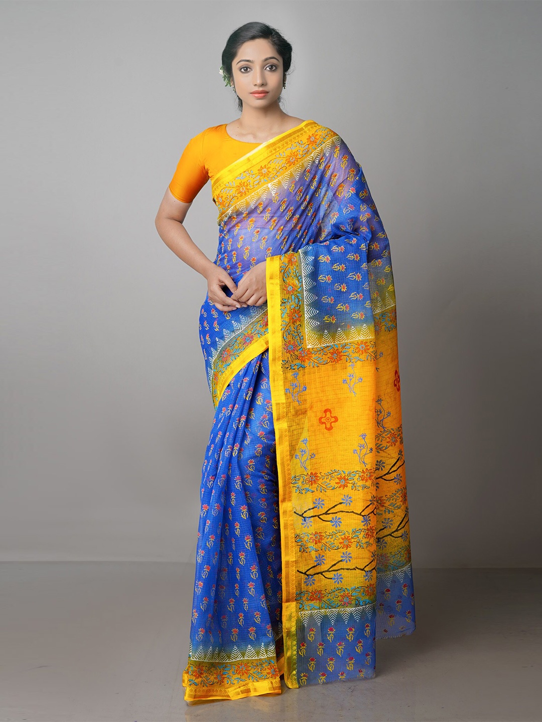 

Unnati Silks Ethnic Motifs Printed Zari Handloom Pure Cotton Kota Saree, Blue
