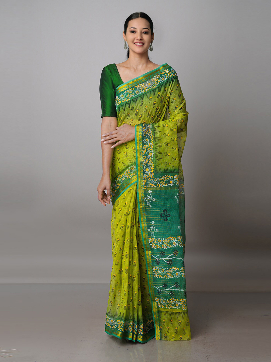 

Unnati Silks Floral Printed Zari Handloom Pure Cotton Kota Saree, Green