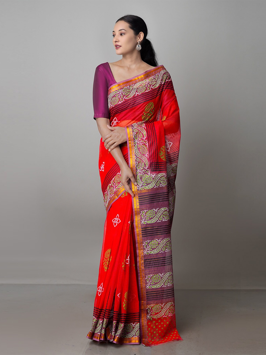 

Unnati Silks Ethnic Motifs Printed Zari Handloom Pure Cotton Kota Saree, Red