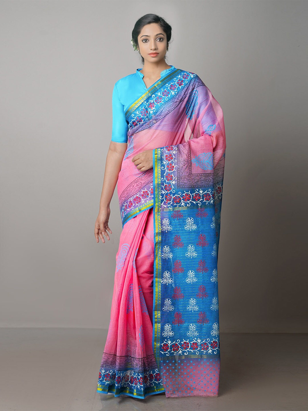 

Unnati Silks Floral Printed Zari Handloom Pure Cotton Kota Saree, Pink