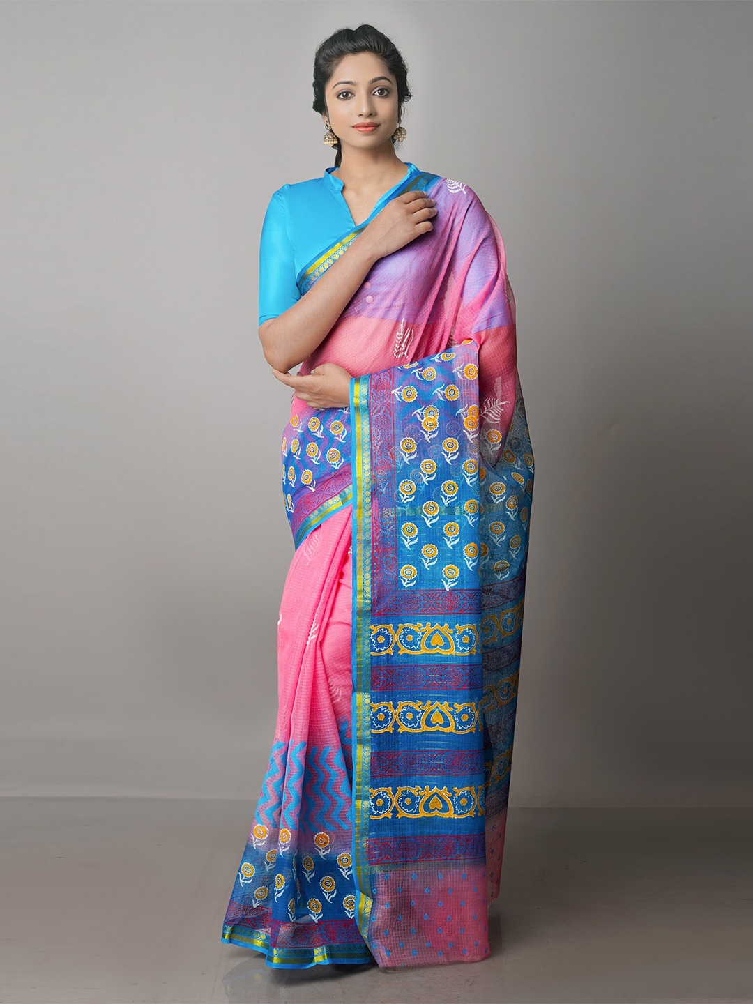 

Unnati Silks Ethnic Motifs Printed Zari Handloom Pure Cotton Kota Saree, Pink