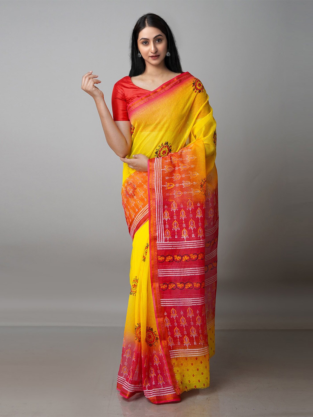 

Unnati Silks Floral Printed Zari Handloom Pure Cotton Kota Saree, Yellow