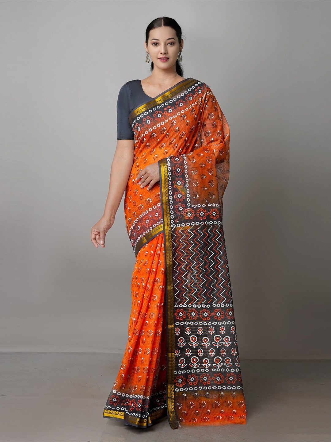 

Unnati Silks Ethnic Motifs Printed Zari Handloom Pure Cotton Kota Saree, Orange
