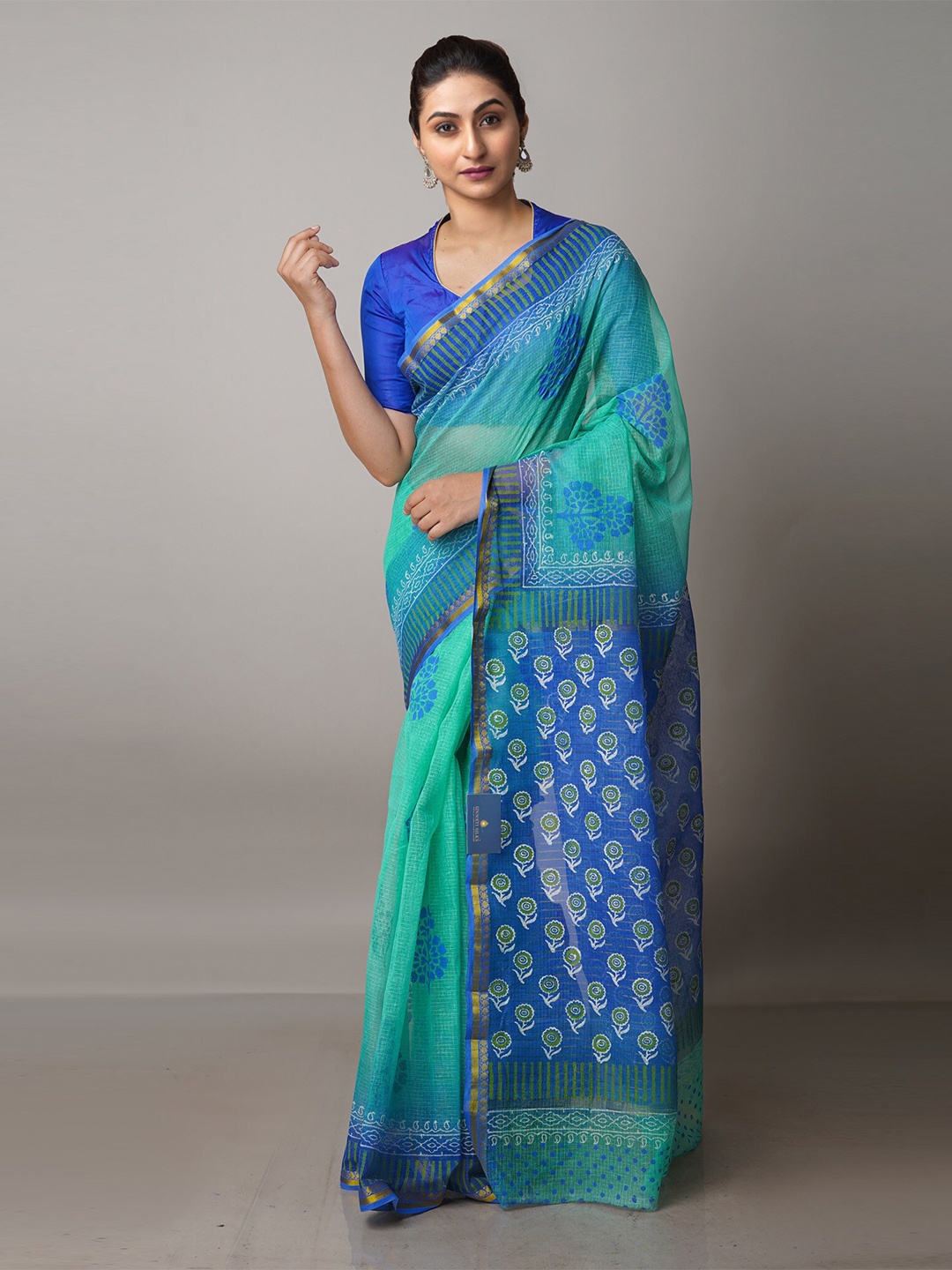

Unnati Silks Ethnic Motifs Printed Zari Handloom Pure Cotton Kota Saree, Green