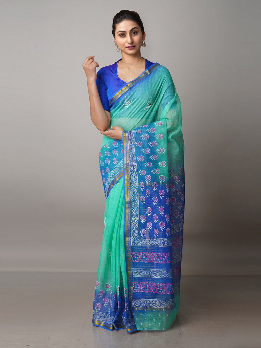 

Unnati Silks Floral Printed Zari Handloom Pure Cotton Kota Saree, Green