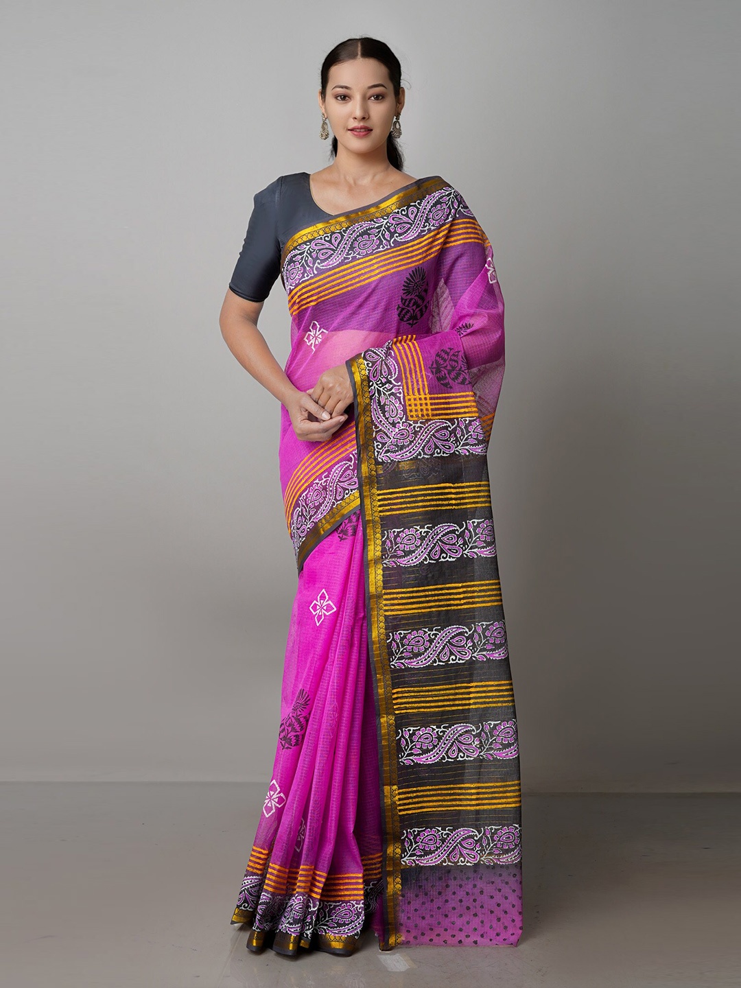 

Unnati Silks Floral Printed Zari Handloom Pure Cotton Kota Saree, Purple