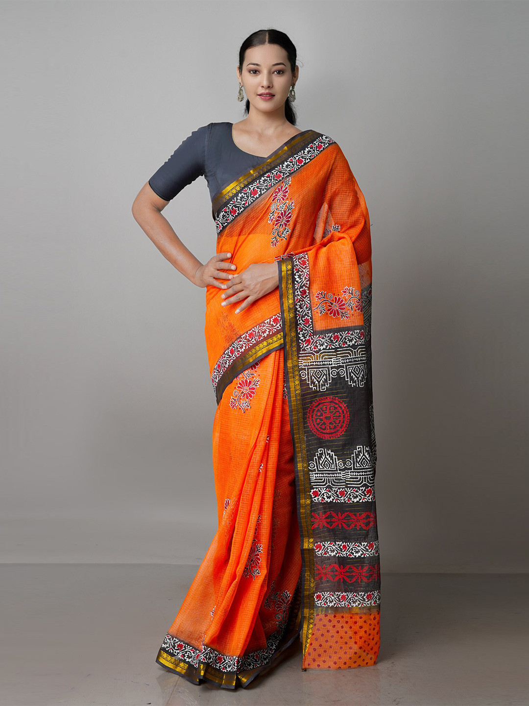 

Unnati Silks Floral Printed Zari Handloom Pure Cotton Kota Saree, Orange