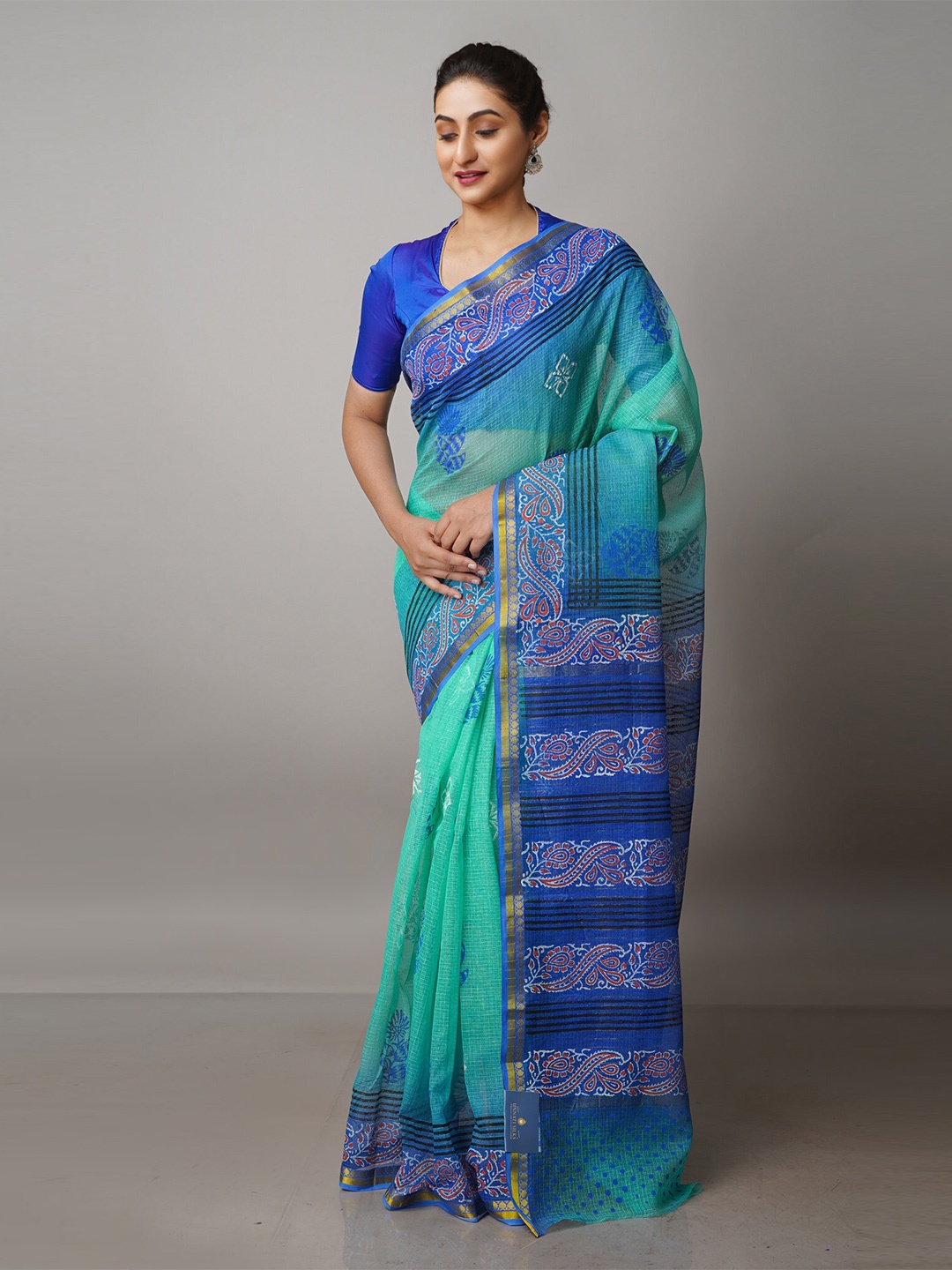 

Unnati Silks Ethnic Motifs Printed Zari Handloom Pure Cotton Kota Saree, Green
