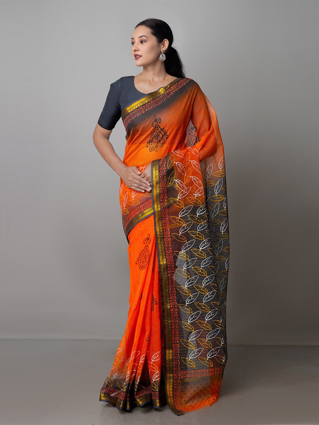 

Unnati Silks Ethnic Motifs Printed Zari Handloom Pure Cotton Kota Saree, Orange