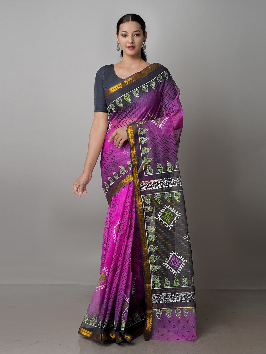 

Unnati Silks Ethnic Motifs Printed Zari Handloom Pure Cotton Kota Saree, Purple