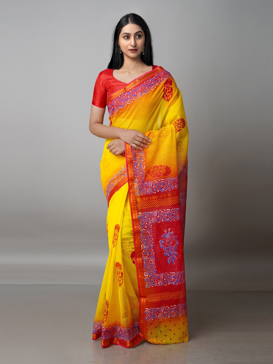 

Unnati Silks Ethnic Motifs Printed Zari Handloom Pure Cotton Kota Saree, Yellow