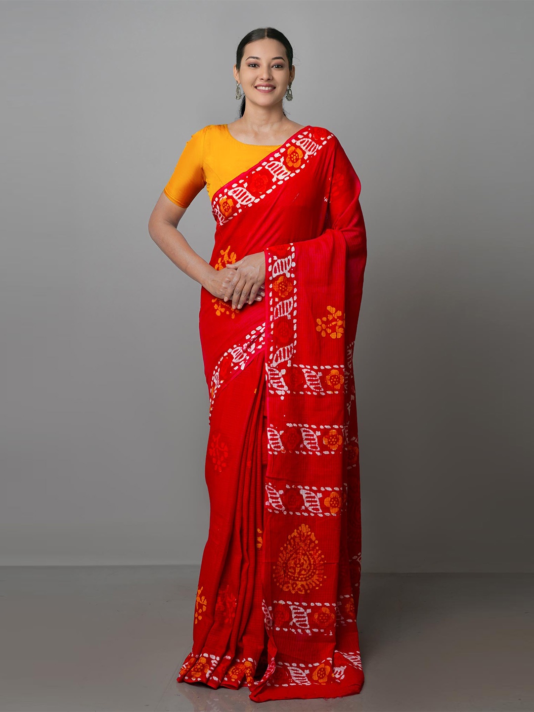 

Unnati Silks Batik Printed Handloom Pure Cotton Kota Saree, Red