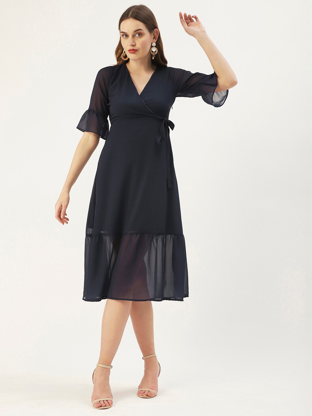 

DressBerry V-Neck Bell Sleeves Midi Dress, Navy blue