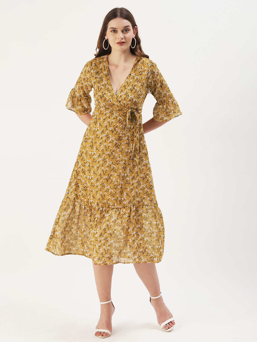 

DressBerry Floral Printed Bell Sleeves Midi Dress, Mustard