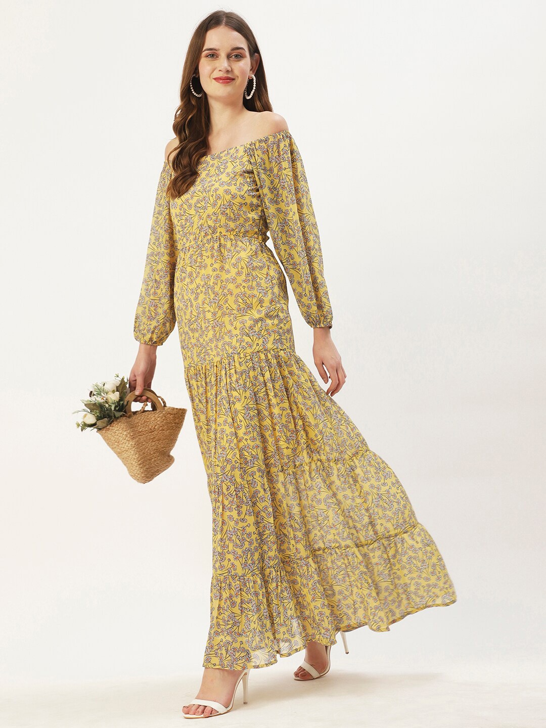 

DressBerry Floral Off-Shoulder Georgette Maxi Dress, Yellow