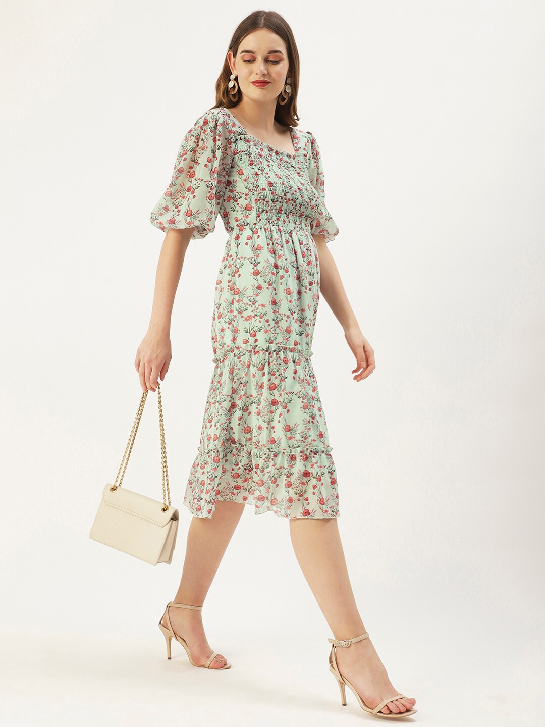 

DressBerry Sea Green Floral Georgette Midi Dress