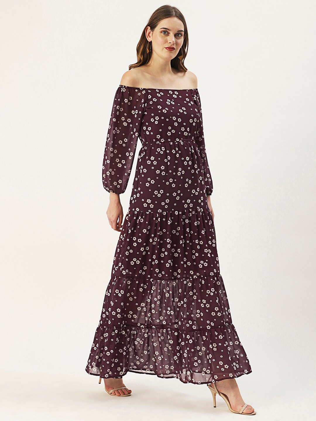 

DressBerry Floral Off-Shoulder Georgette Maxi Dress, Burgundy