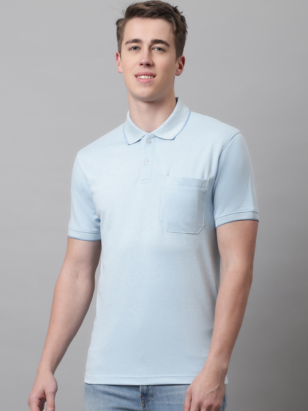 

VENITIAN Men Turquoise Blue Polo Collar Cotton T-shirt