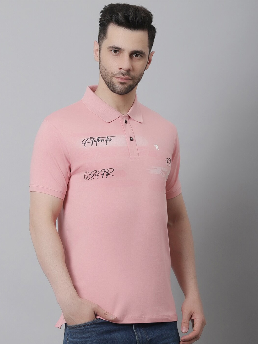 

VENITIAN Men Typography Printed Polo Collar Slim Fit Cotton T-shirt, Pink