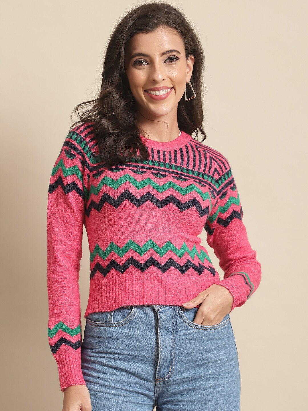 

NoBarr Women Chevron Printed Pullover, Pink