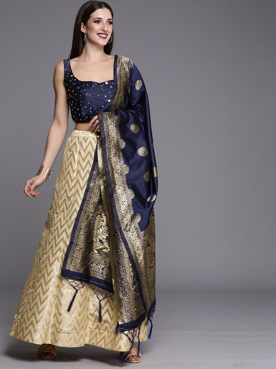 

Kaizen TEXO FAB Embellished Semi-Stitched Lehenga & Unstitched Blouse With, Cream
