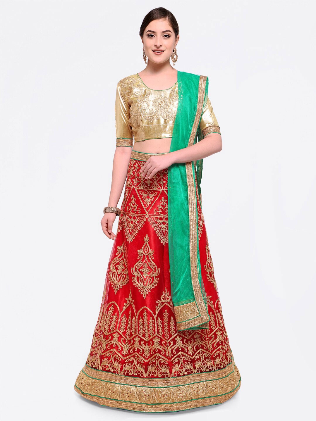 

HERE&NOW Embroidered Semi-Stitched Lehenga & Unstitched Blouse With Dupatta, Red