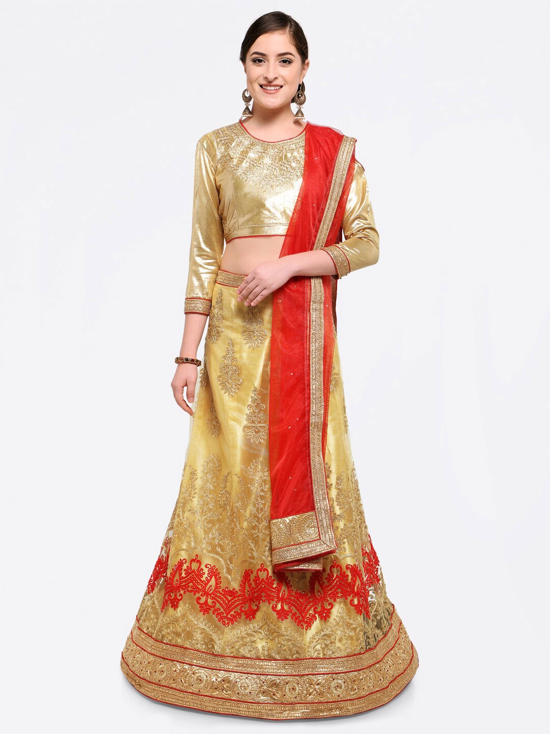 

HERE&NOW Embroidered Semi-Stitched Lehenga & Unstitched Blouse With Dupatta, Beige