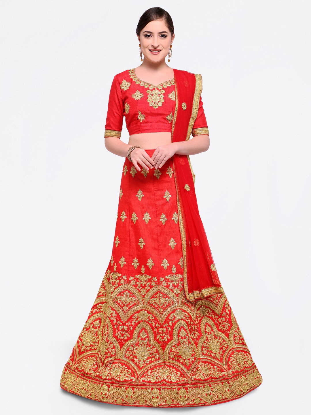 

HERE&NOW Embroidered Semi-Stitched Lehenga & Unstitched Blouse With Dupatta, Red