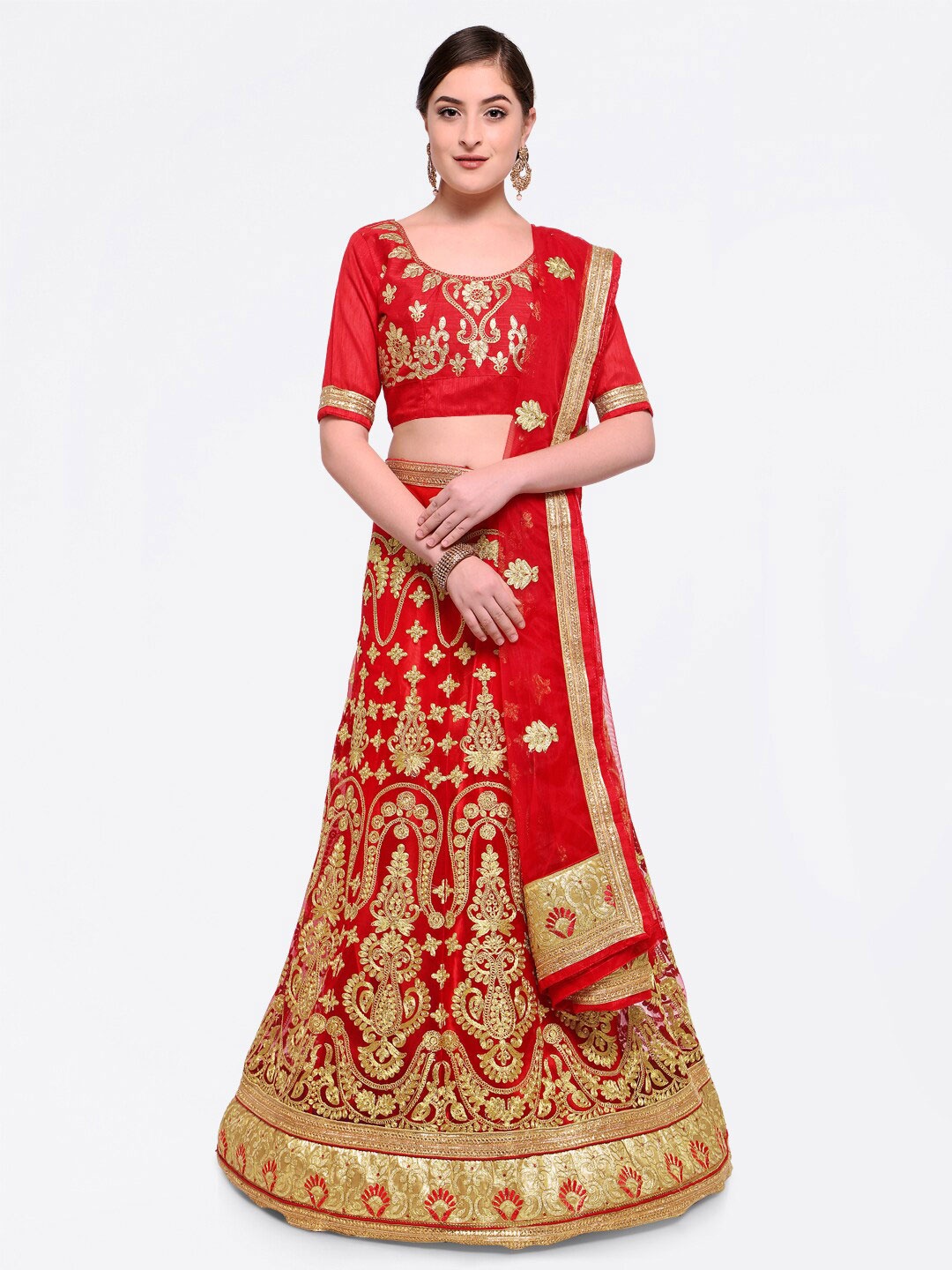 

HERE&NOW Embroidered Semi-Stitched Lehenga & Unstitched Blouse With Dupatta, Red