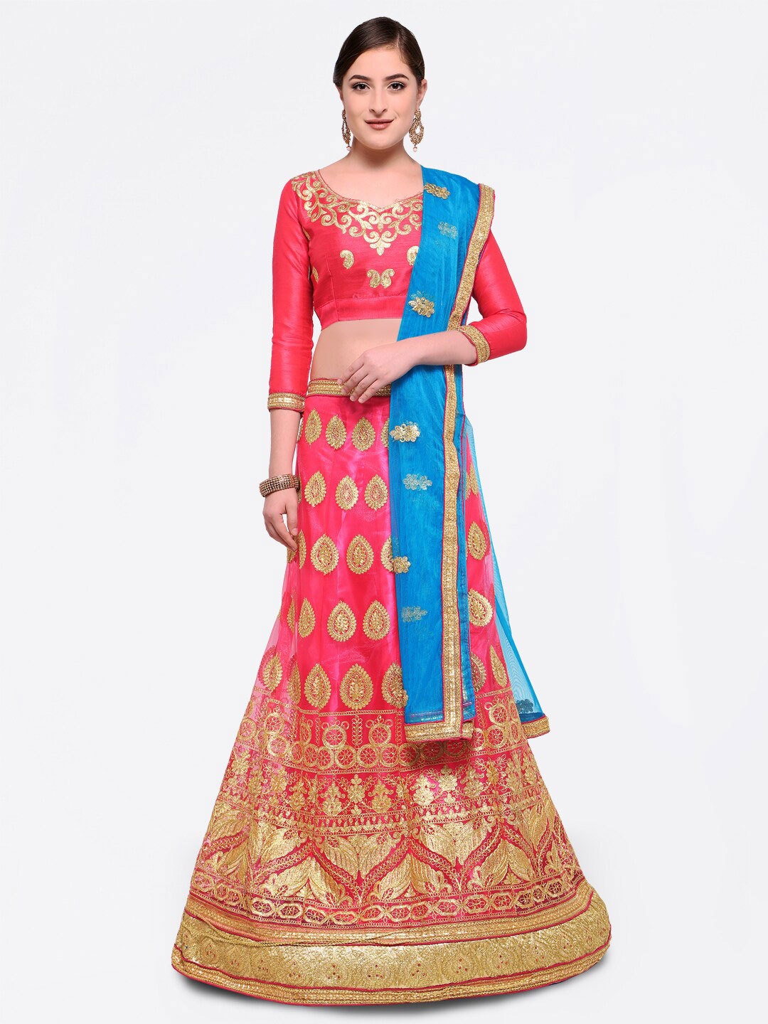 

HERE&NOW Embroidered Semi-Stitched Lehenga & Unstitched Blouse With Dupatta, Pink
