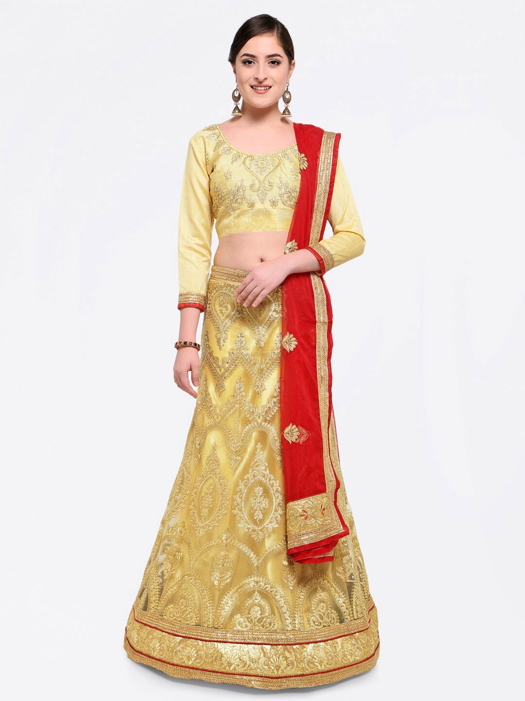 

HERE&NOW Embroidered Semi-Stitched Lehenga & Unstitched Blouse With Dupatta, Beige