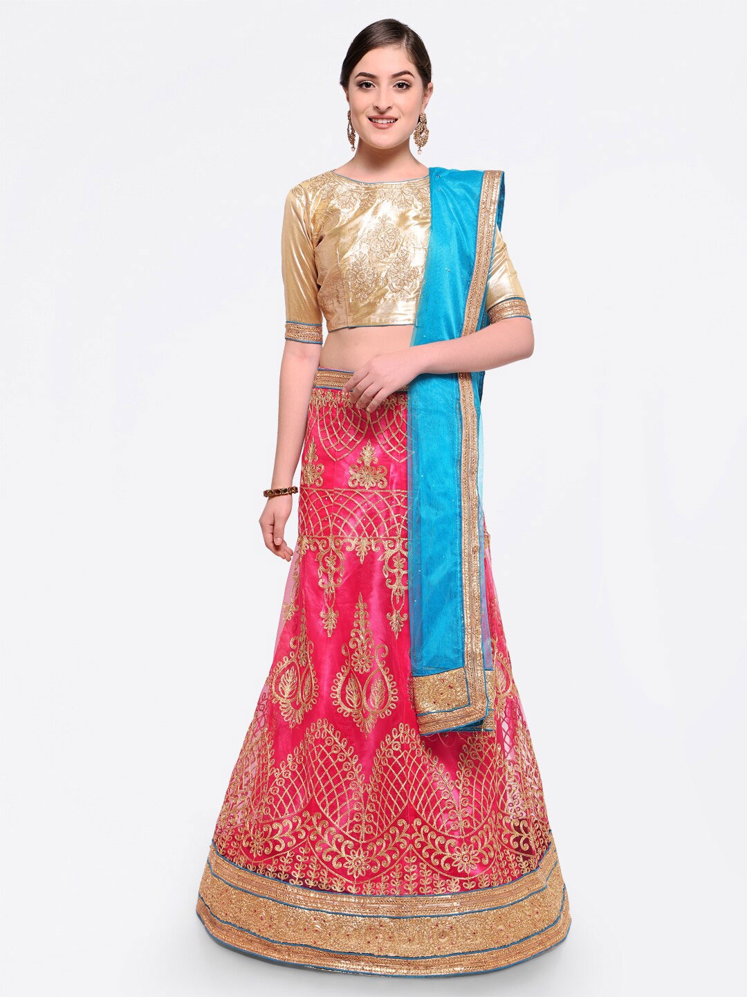 

HERE&NOW Embroidered Semi-Stitched Lehenga & Unstitched Blouse With Dupatta, Pink