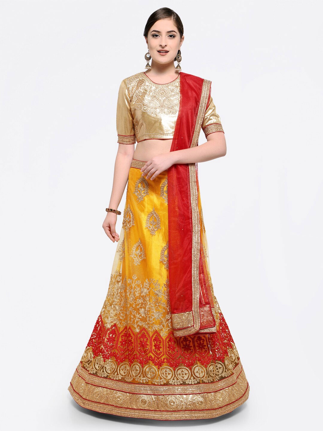 

HERE&NOW Embroidered Semi-Stitched Lehenga & Unstitched Blouse With Dupatta, Yellow