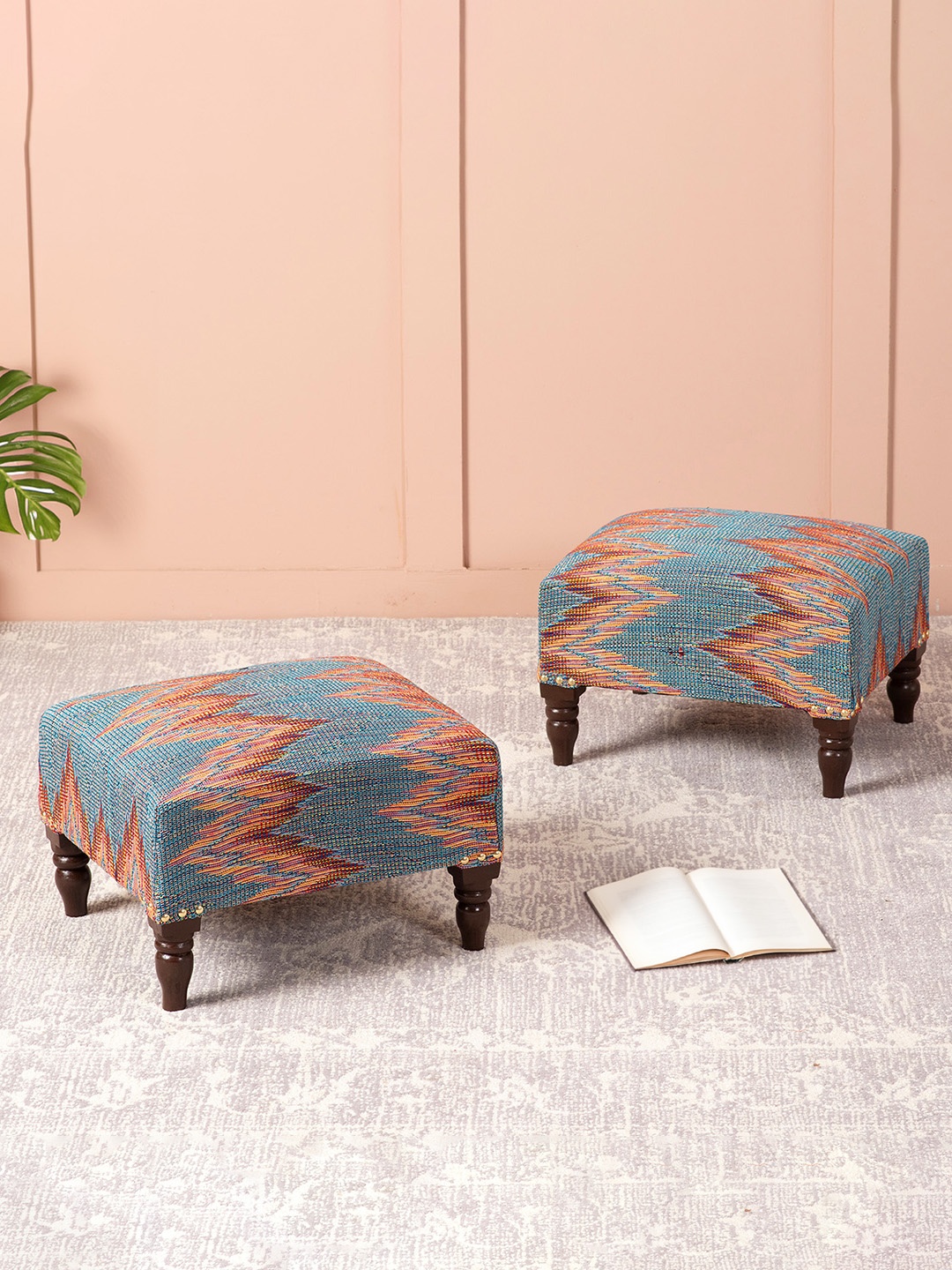 

nestroots Set of 2 Blue Printed Cotton Square Ottomans