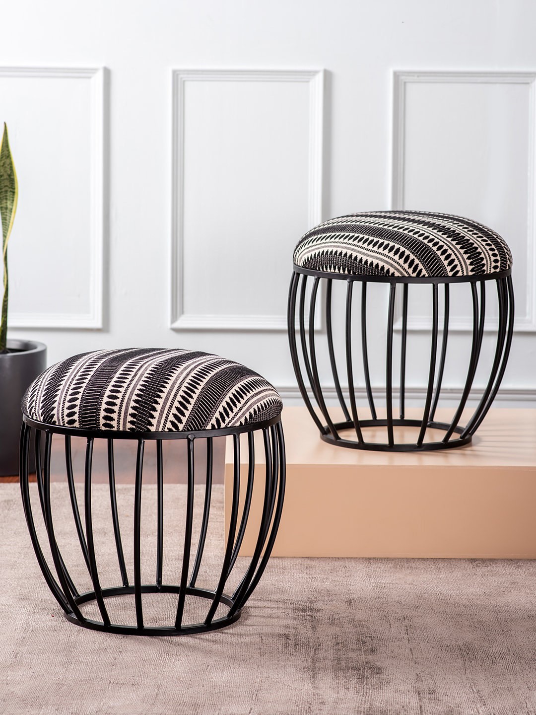 

nestroots Set of 2 Black & White Printed Cotton Round Ottomans