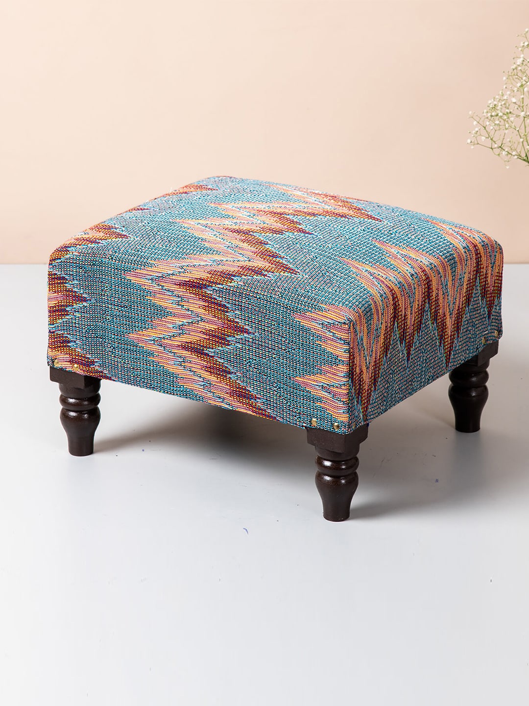 

nestroots Blue & Brown Printed Cotton Square Ottoman