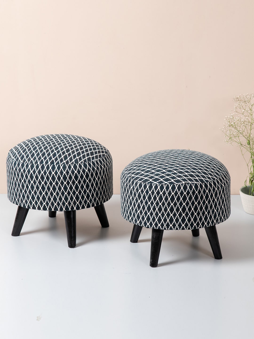 

nestroots Set of 2 Black & White Printed Cotton & Wooden Round Ottomans