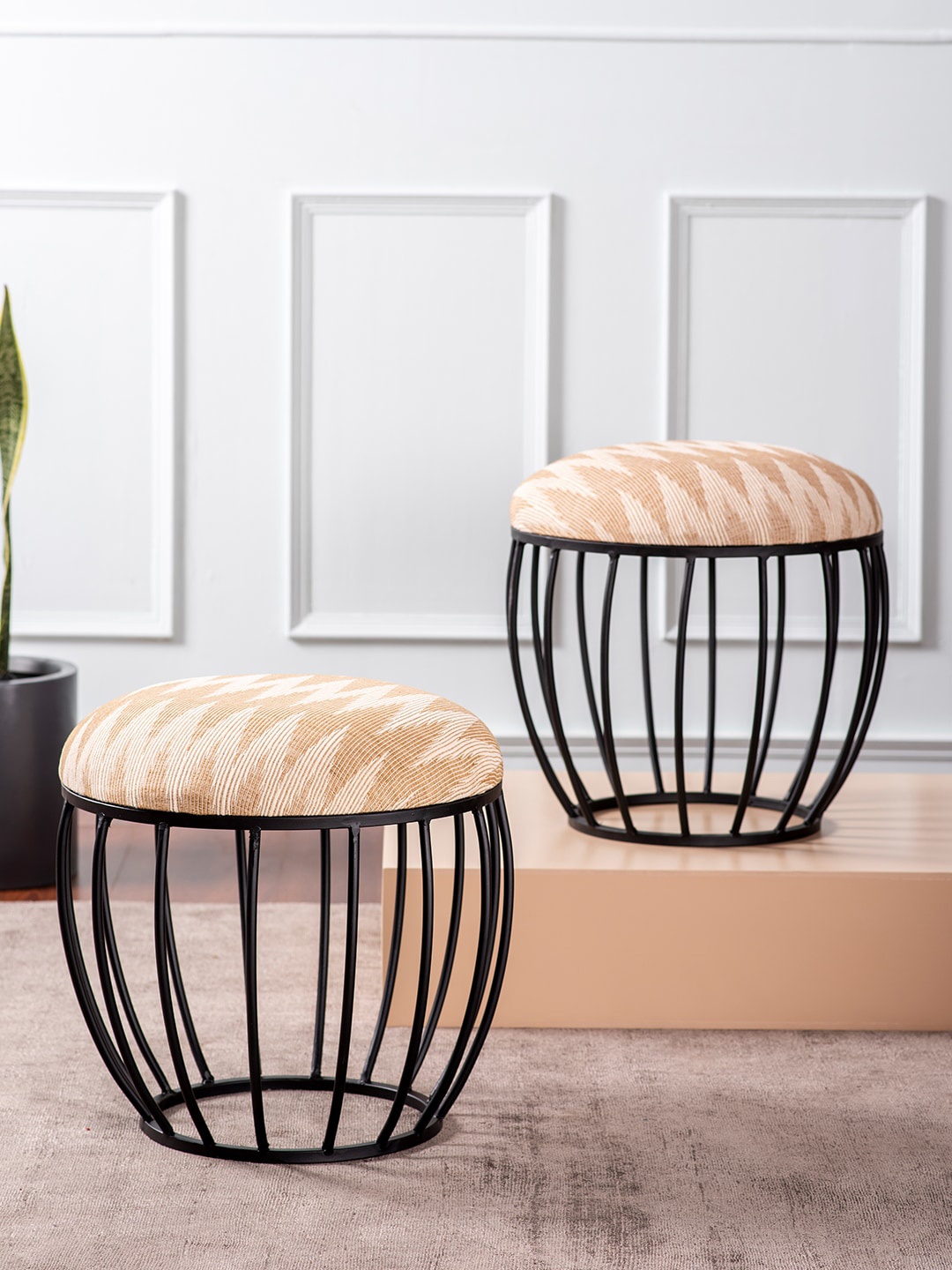 

nestroots Beige & Black Striped Round Ottomans