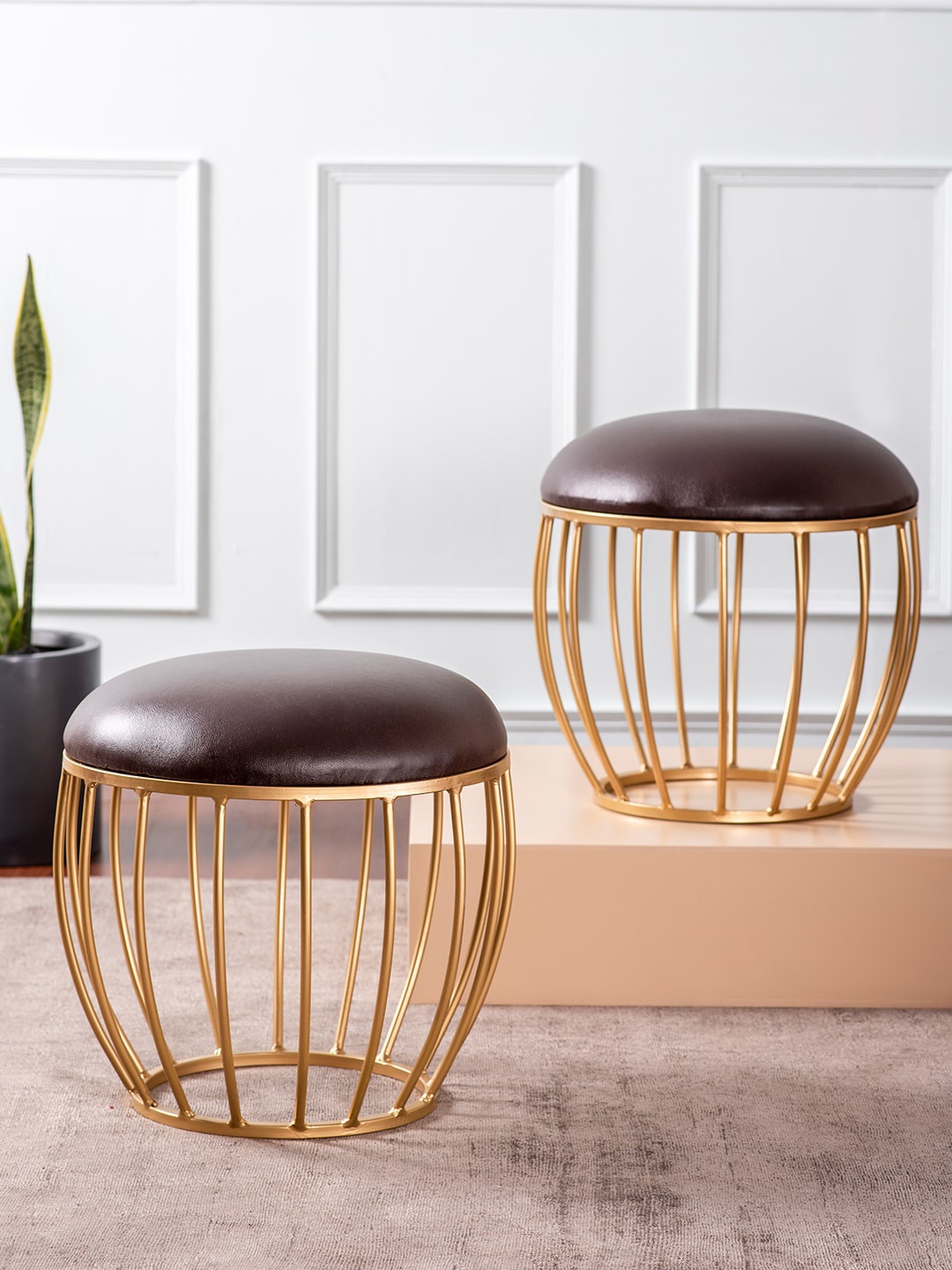 

nestroots Set Of 2 Brown Leatherette Axel Cage Metallic Stools, Coffee brown
