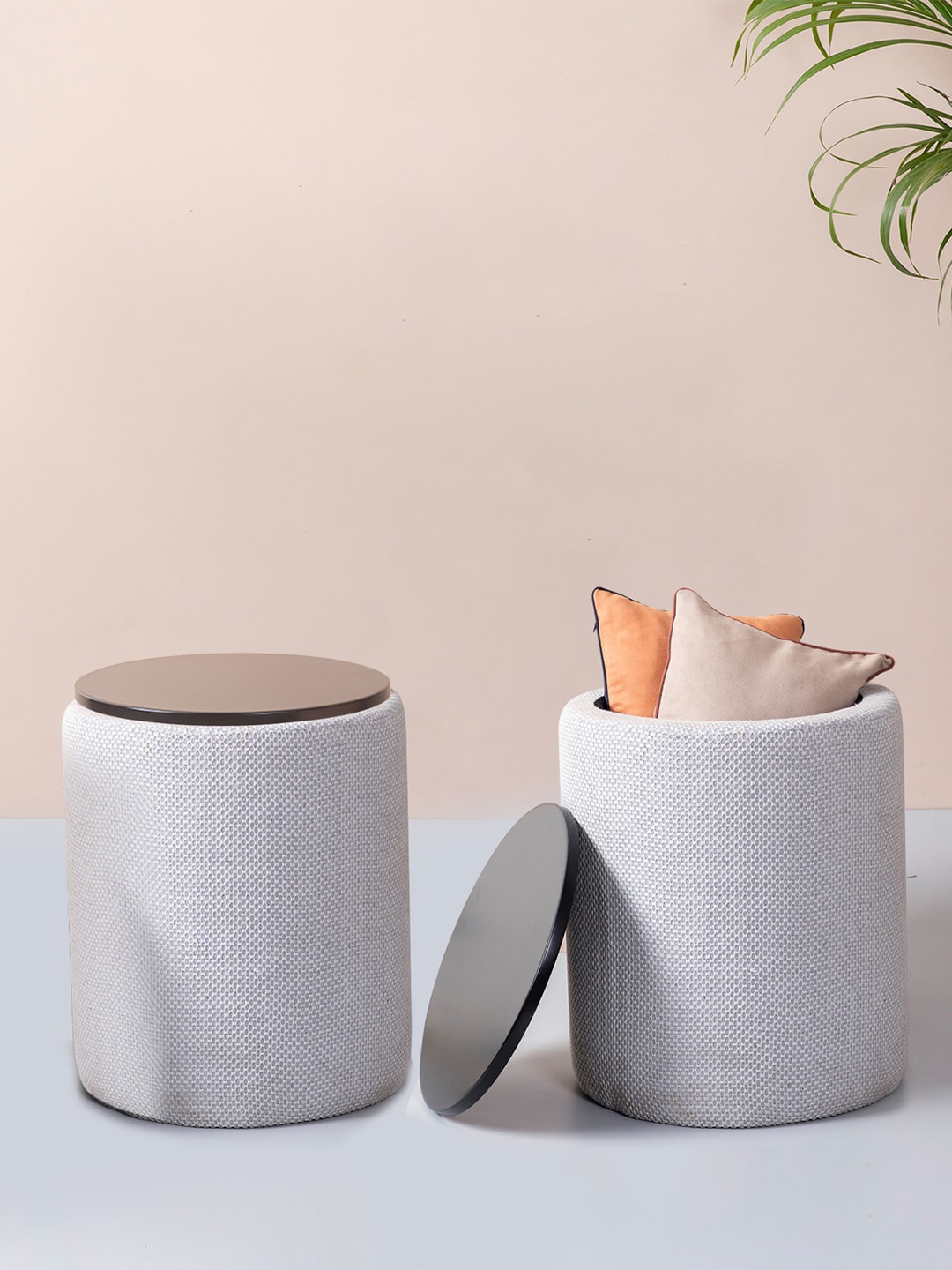 

nestroots Set of 2 Grey Cotton & Wooden Cylindrical Ottomans