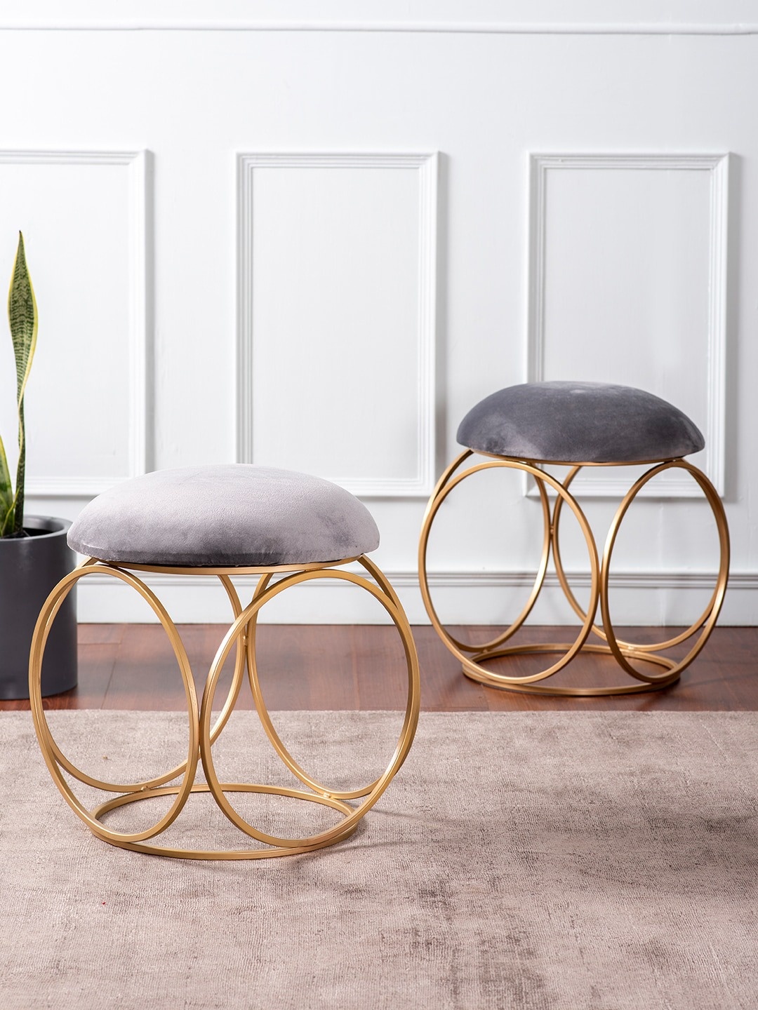 

nestroots Set Of 2 Grey Velvet Ring Metallic Ottomans