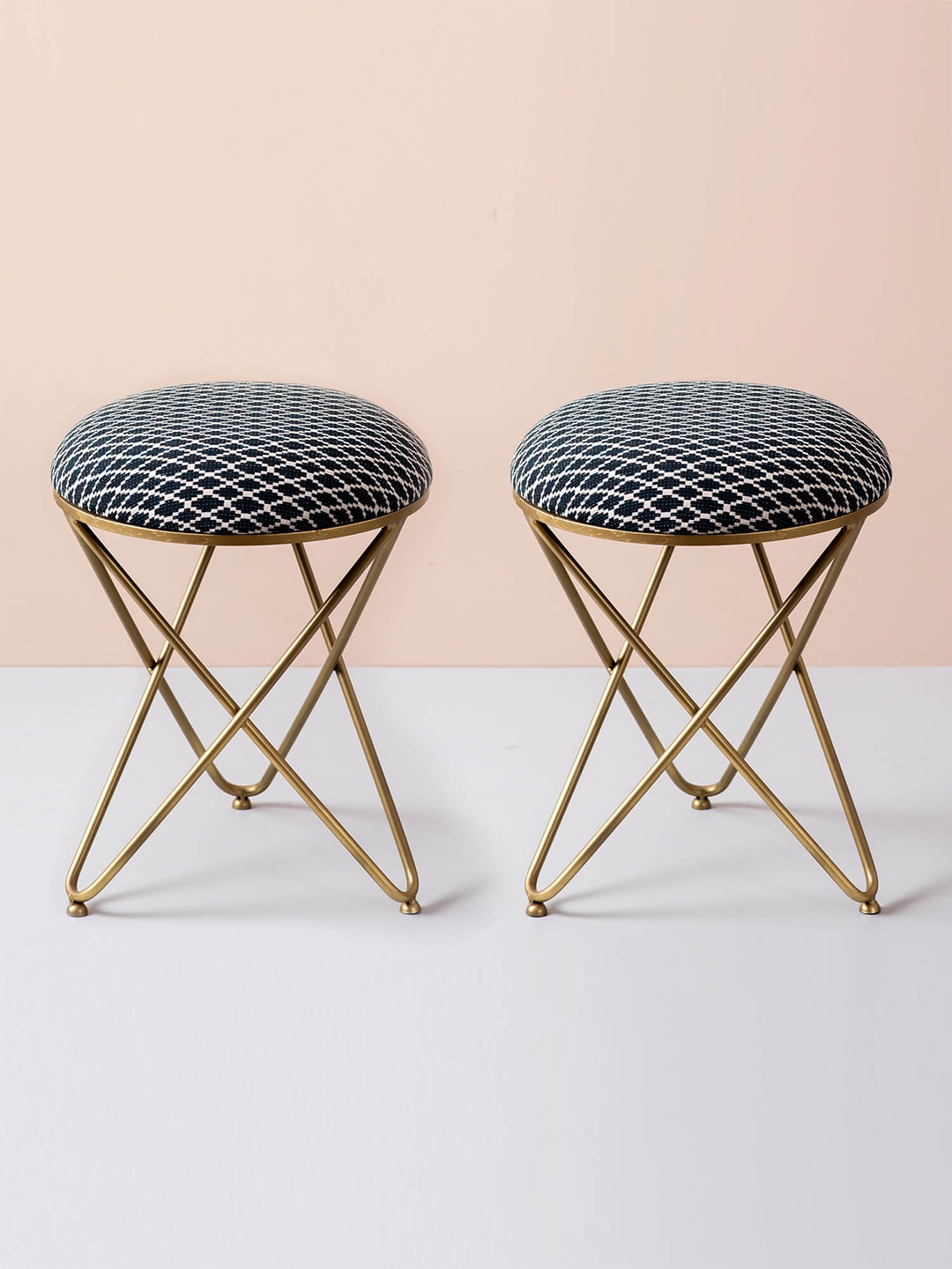 

nestroots Set of 2 Black Wooden & Cotton Round Ottomans