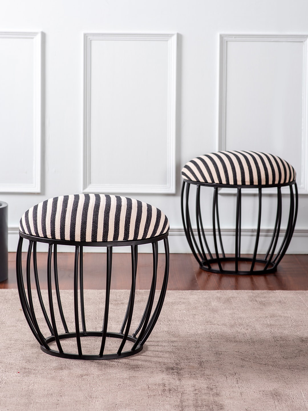 

nestroots Set Of 2 Striped Ottomans, Black