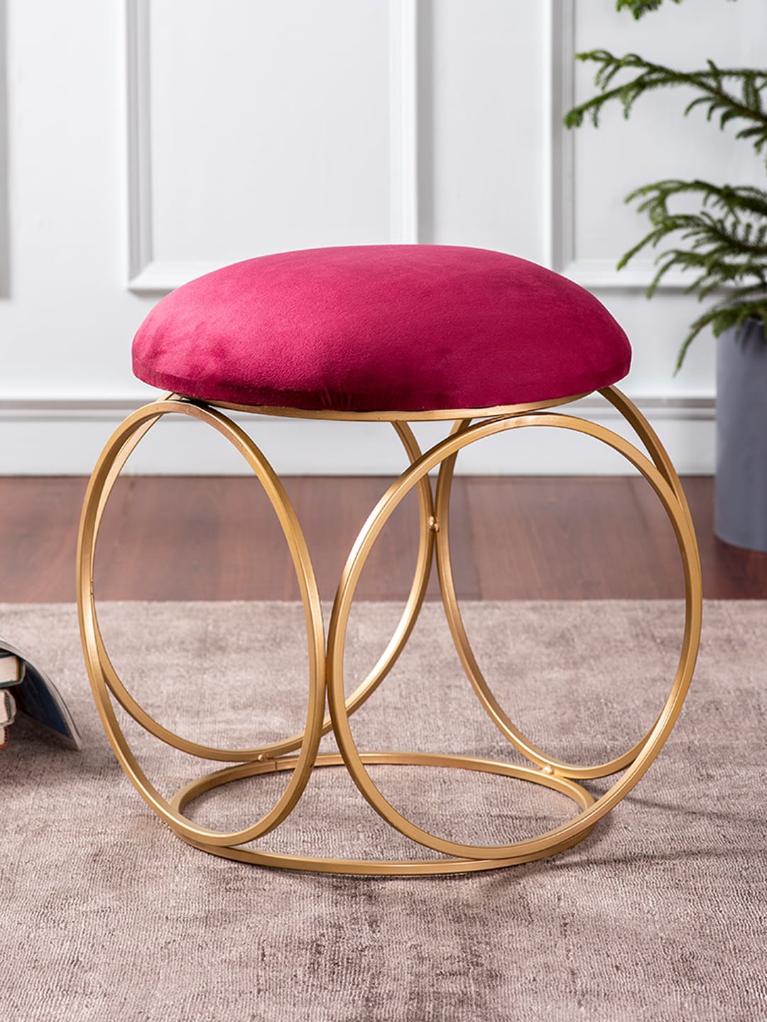 

nestroots Maroon Round Metallic Ottoman Stool