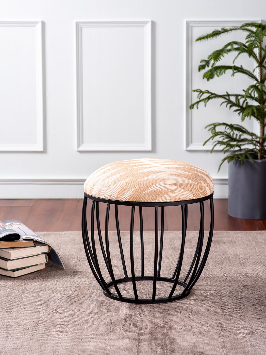 

nestroots Yellow Round Shape Metallic Cage Pouffe Ottoman